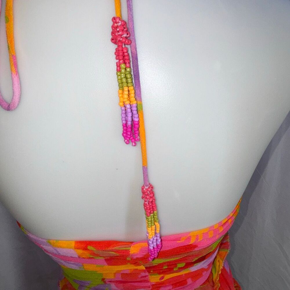 Farm Rio Colorful leaves halter ruffle tiered dress beaded tie XS EX cond - Picture 6 of 12